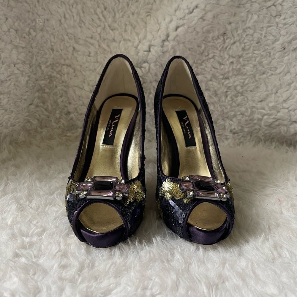 Nina shades of purple ,silver and gold sequins platform heels brooch acc…